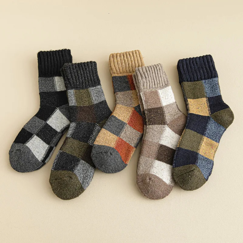5pairs Winter Mens Warm Thermal Colorblock Thick Wool Socks Warm Colorblock Soft Comfortable Plush Snow Floor Sock High Quality 241031