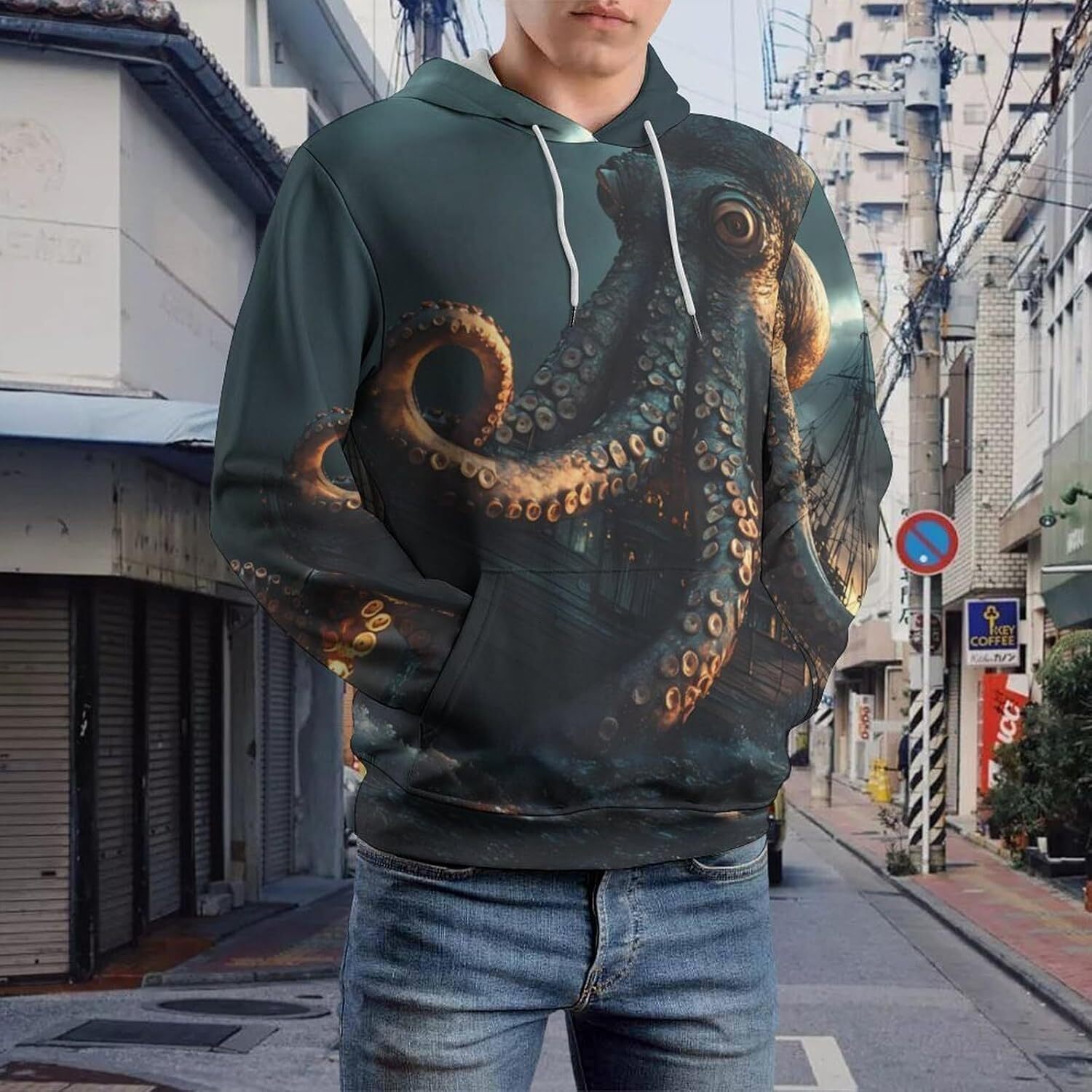 Hoodie for Mens Womens Vintage Sail Boat Cool Octopus Unisex Hoodies 3D Printed Pullover Sweatshirt Casual Hooded Sweater Tops Graphic Warm Hip Hop co