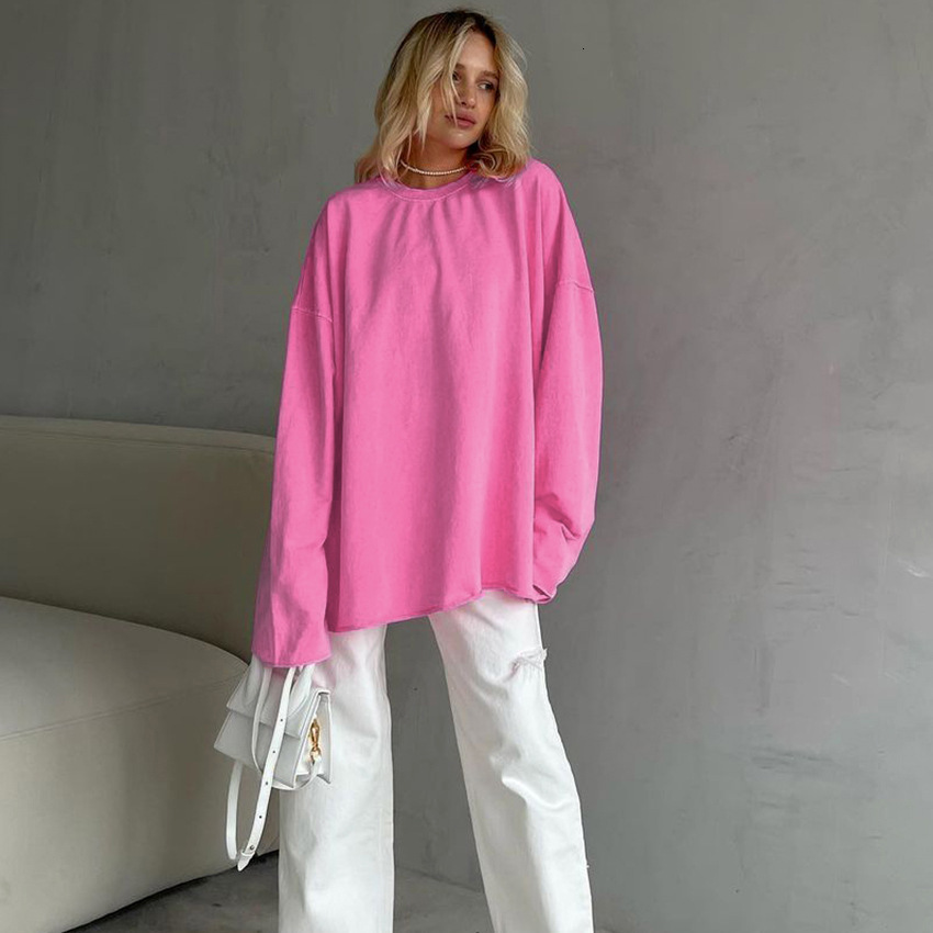 Designer's pink loose elastic round neck long sleeved pullover street style T-shirt 2024 new autumn fashion women's top