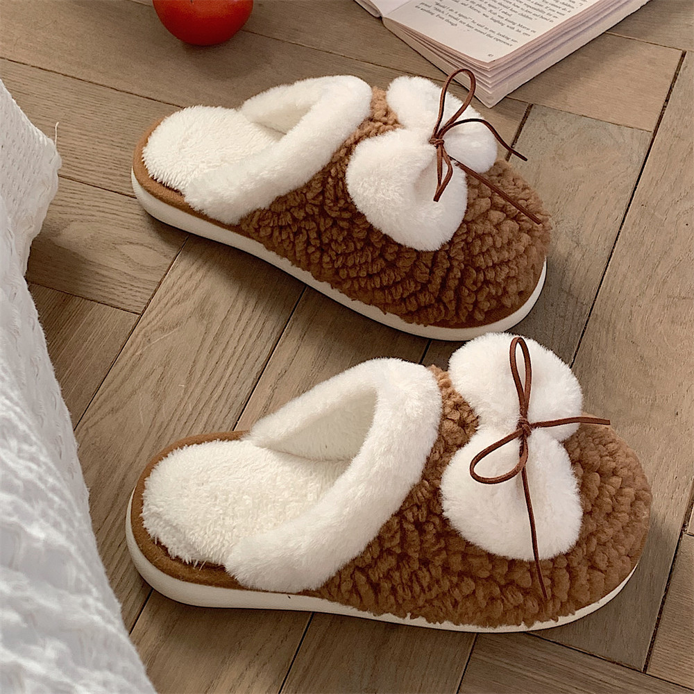 Bow Family Slippers Women Girls Cute fluffy winter warm plush indoor flats Bedroom slide casual women's cotton slippers