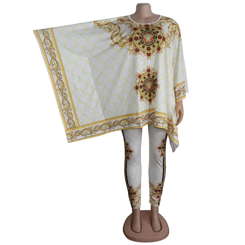 Ethnic Clothing White Blue African Dresses For Women Top Pants Suit Dashiki Print Ladies Clothes Robe Africaine Bazin Fashion 2 Pcs Out