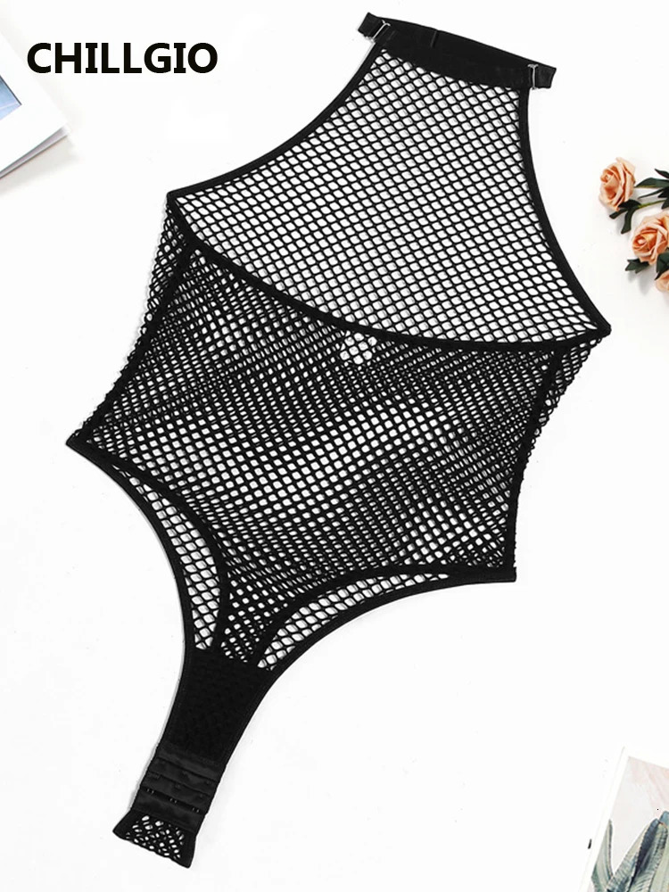 CHILLGIO Women Black Bodysuit Sexy Porn Underwear Hollow See-through One Pieces Combination Jumpsuit Slim Fishnet Halter Catsuit 241031