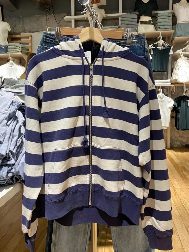 Striped Patchwork Zipup Hoodie Autumn Cotton Pocket Drawstring Hooded Sweatshirt Women Y2k Streetwear Vintage Loose Tops Jacket 241031