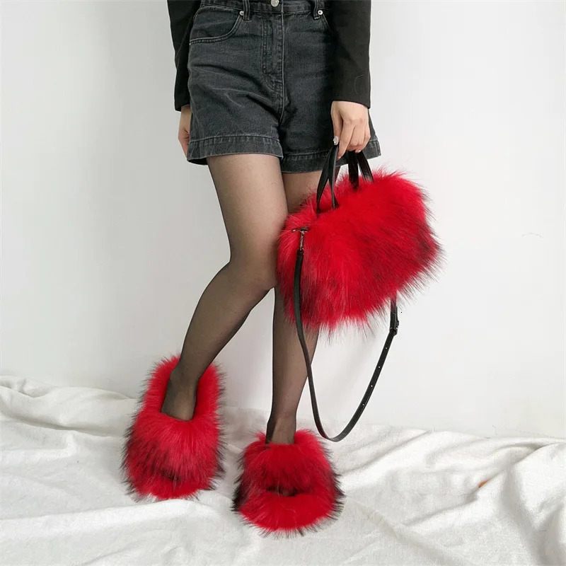 Winter Women Faux Fur Slippers Bag Set Fur Handbag Shoulder Bag Fluffy Furry Slides House Outdoors Fuzzy Slippers Crossbody Bag 241031