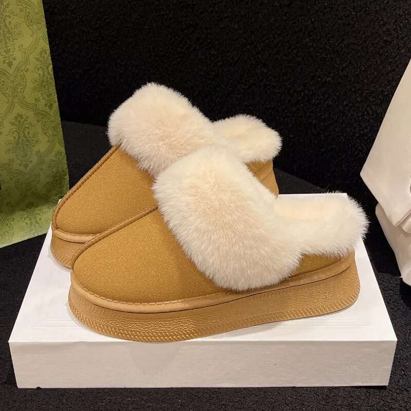 2024 New Leather Women Fashion Winter Indoor Solid Color Suede Fur Slippers Ladies Home Platform Warm s Slip-on Women's Shoes