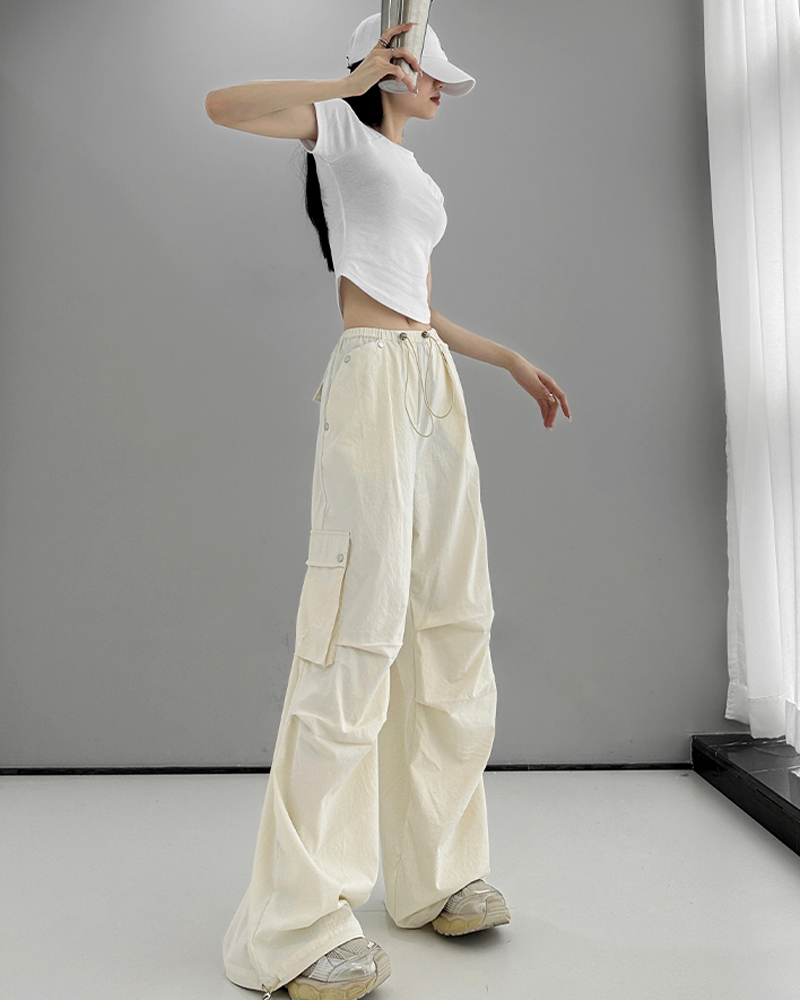 High Street drawstring work trousers women autumn thin section loose ins trend sweet cool wind straight leg drawstring casual trousers
