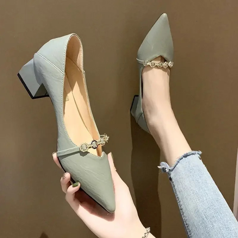 Square Heels Pointed Toe Metal Decoration Green with Medium Ladies Footwear Chunky Womens Shoes A Elegant Dress Non Slip Trend 241030