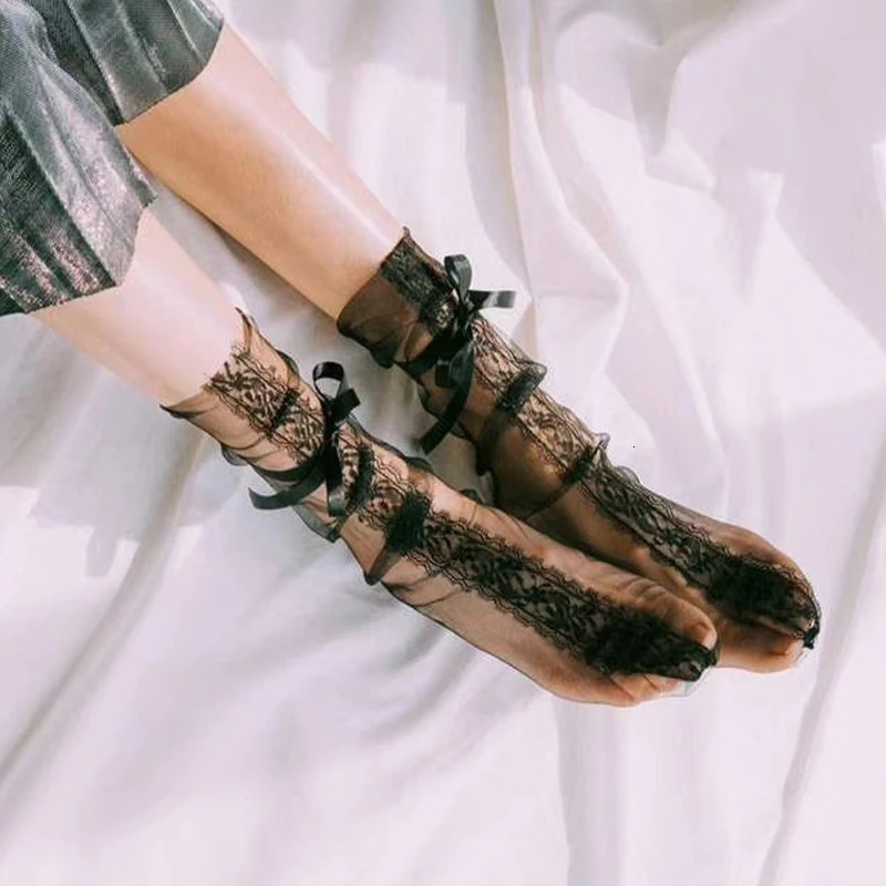 Sexy Lace Socks Womens Transparent Mesh Ultra-Thin Bow Cute Socks for Ladies Fashion Lolita Black White Socks Women 241031