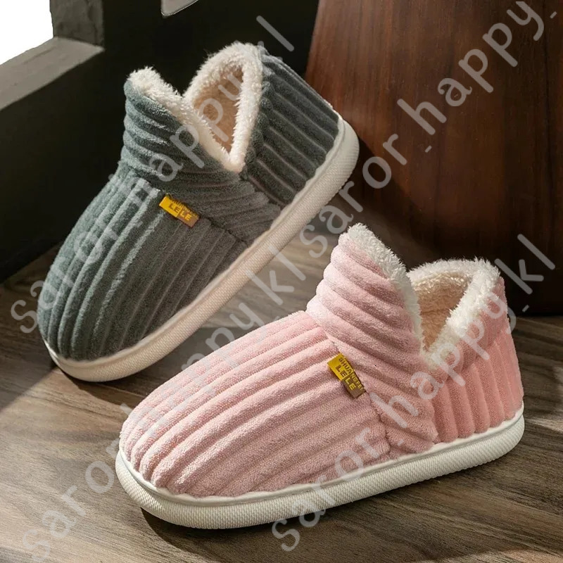 Winter Couple Style Concise Stripes Wrap Heels Plush Slippers Ladies' Non-Slip Soft Warm Flip Flops Men Home Casual Cotton Shoes 839