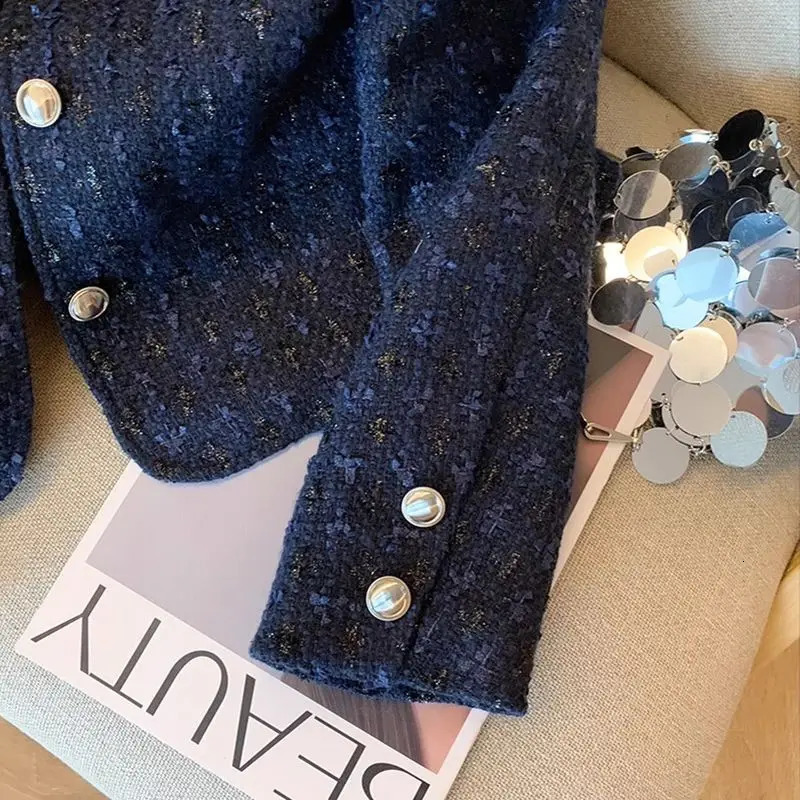Dark Blue Tweed Short Coat Womens Autumn 2024 Fashionable Socialite Western Style Woven Long-Sleeved Top 241031