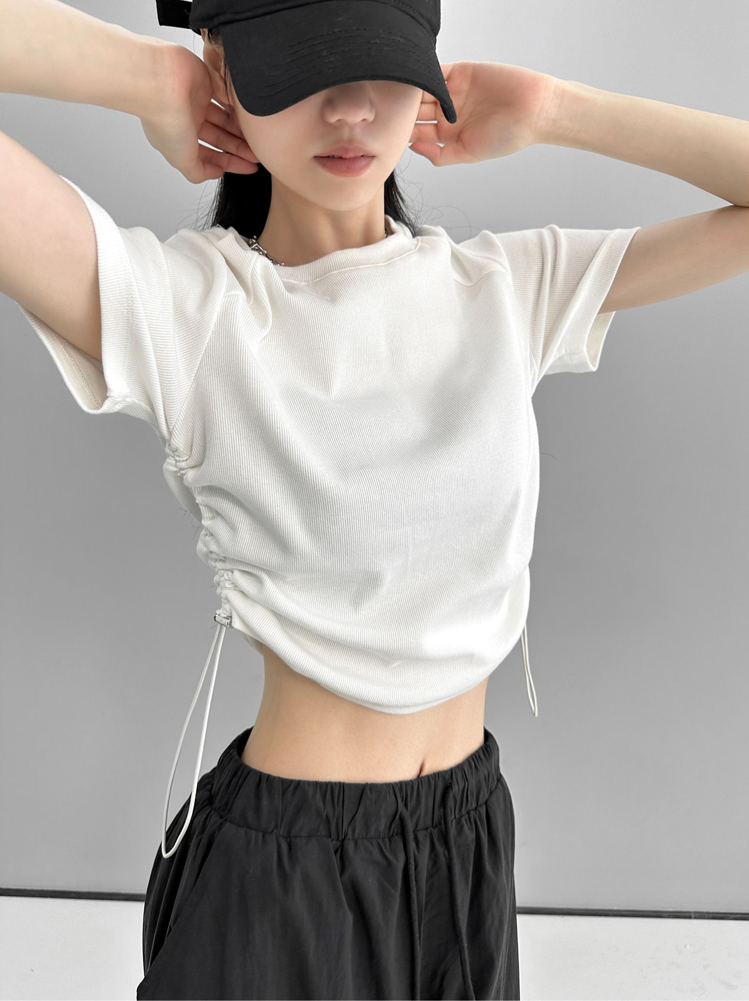 Dynamic girls in Europe and the United States wind positive shoulder small fly sleeve short-sleeved T-shirt female 2024 new solid colour ol spicy girl