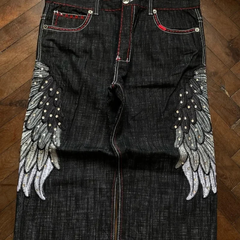 Y2K American Retro Wing Fashion Loose Jeans Men Street Hip-hop Personality Casual Versatile Straight Wide-leg Pants Women 241031
