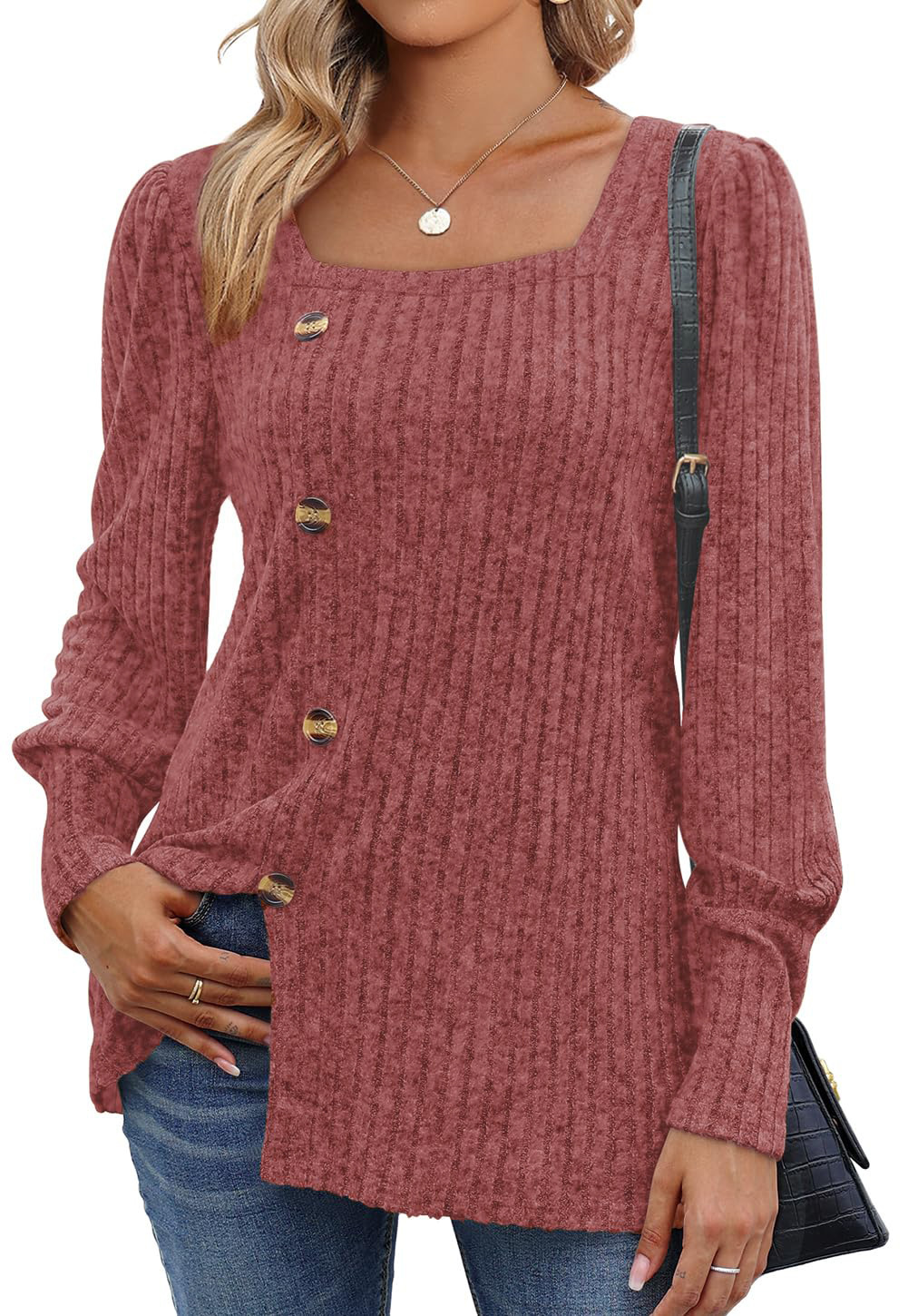 Designer's autumn and winter new item with buckle square collar long sleeved solid color t-shirt women's clothing