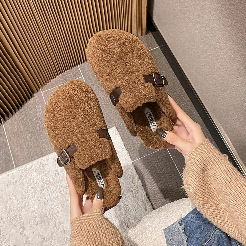 High quality sheepskin slider womens round toe buckle belt buckle pantuflas womens cork winter slider womens fur slider 241031