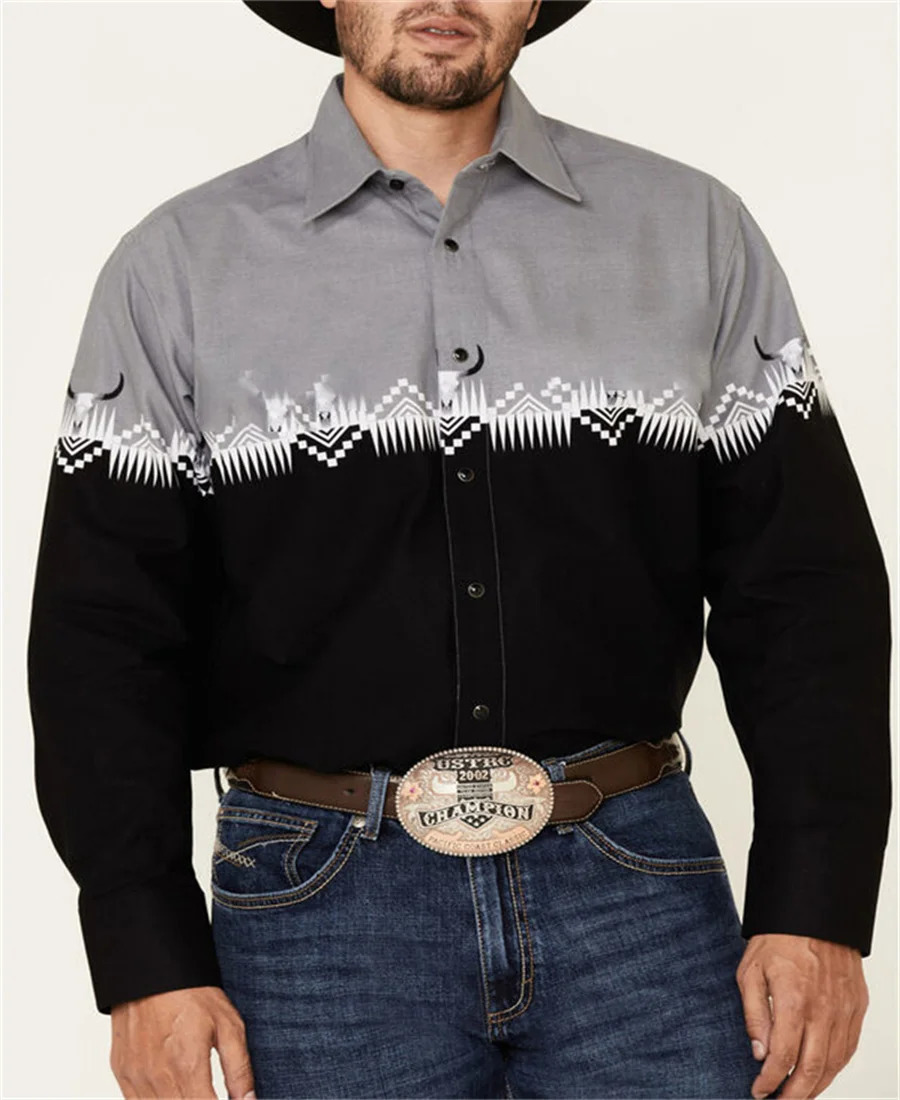 Western tribal shirt denim mens casual outdoor party HD pattern button soft and comfortable lapel shirt long sleeved T-shirt 241030