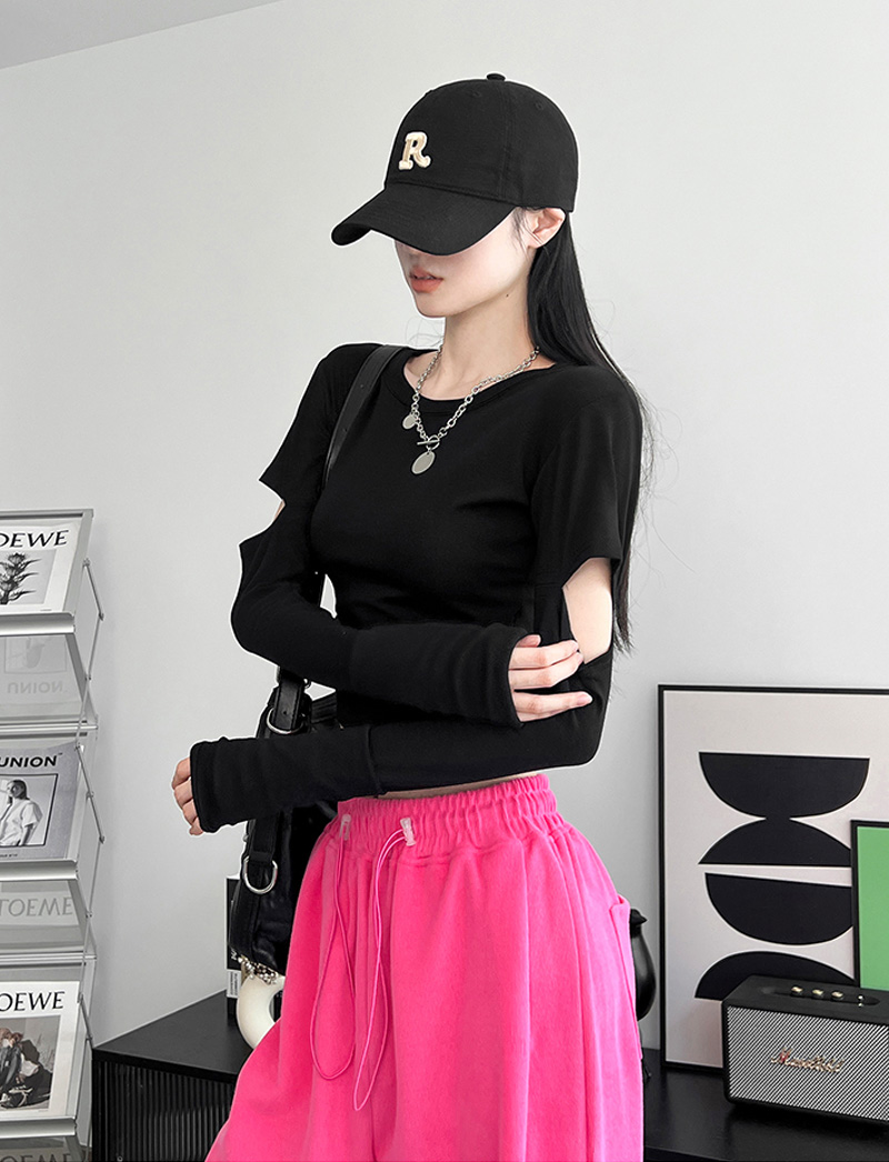 Dynamic Girls Slim Sexy Long Sleeve T-Shirt Women Round Neck Pullover Sleeve Ins Opening High Waisted Short Tops