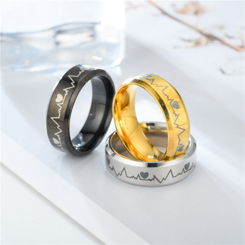 18K Gold Silver Titanium Steel Electrocardiogram Ring for Men Women Stainless Steel Couple Lovers Ring Jewelry Gift for Boyfriend Girlfriend Birthday 