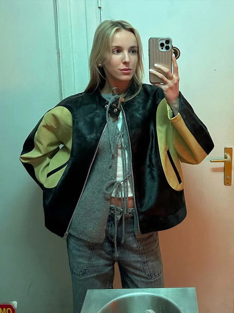 Vintage PU Leather Motorcycle Jacket Loose Short Coat Women Color Patchwork Biker Jackets Street Trend Blouse Bomber Jacket 241031