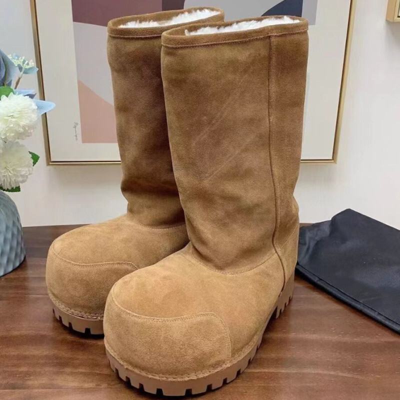 Winter Mid-Calf Plush Thick Sole Non-Slip Solid Color Women Classic Retro Genuine Leather Brown Long Boots