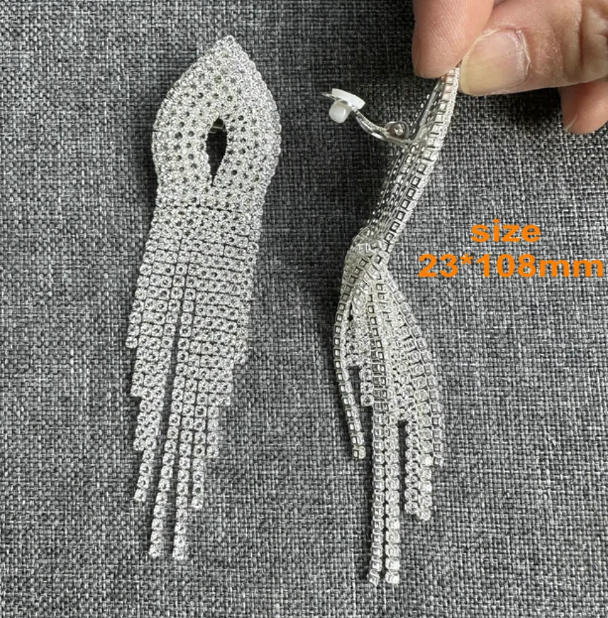 Long Tassel Clip On Earrings Rhinestone Chandelier Boho Fringe Chain Earring for Wedding Bridal Party Jewelry 241030