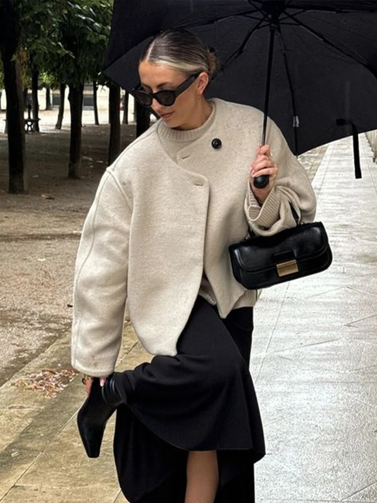 Womens Woolen Coat Cardigan Round Neck Korean Autumn Winter Casual Loose Short Cashmere Overcoat Minimalism Elegant Outwear Top 241031