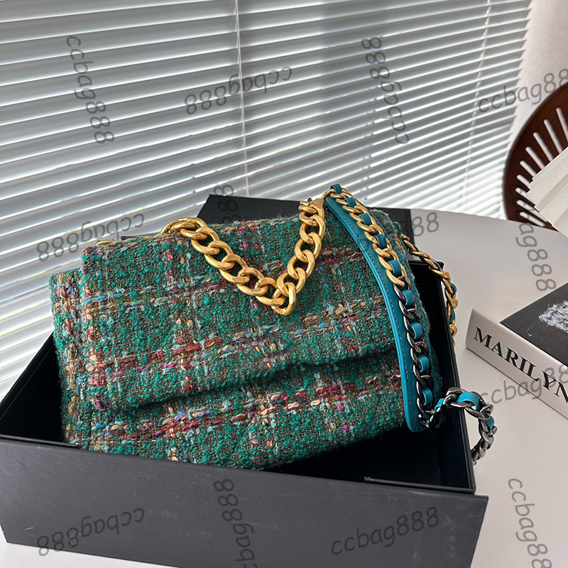 Womens 19 Series Tweed Quilted Green Bags Classic Medium Flap Purse Crossbody Shoulder Handbags With Serial Number Turn Lock Pocket For Spring Summer 25x16CM