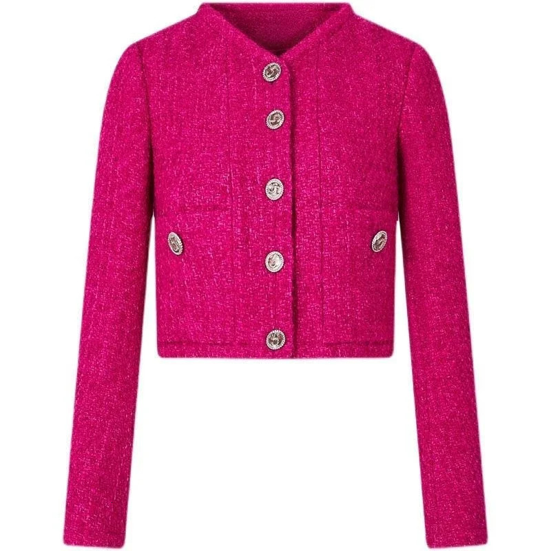 KUSAHIKI Tweed Autumn Single Breasted Weave Fashion Short Coat Women Elegant Jacket O-neck Long Sleeve Cardigan Tops 241031