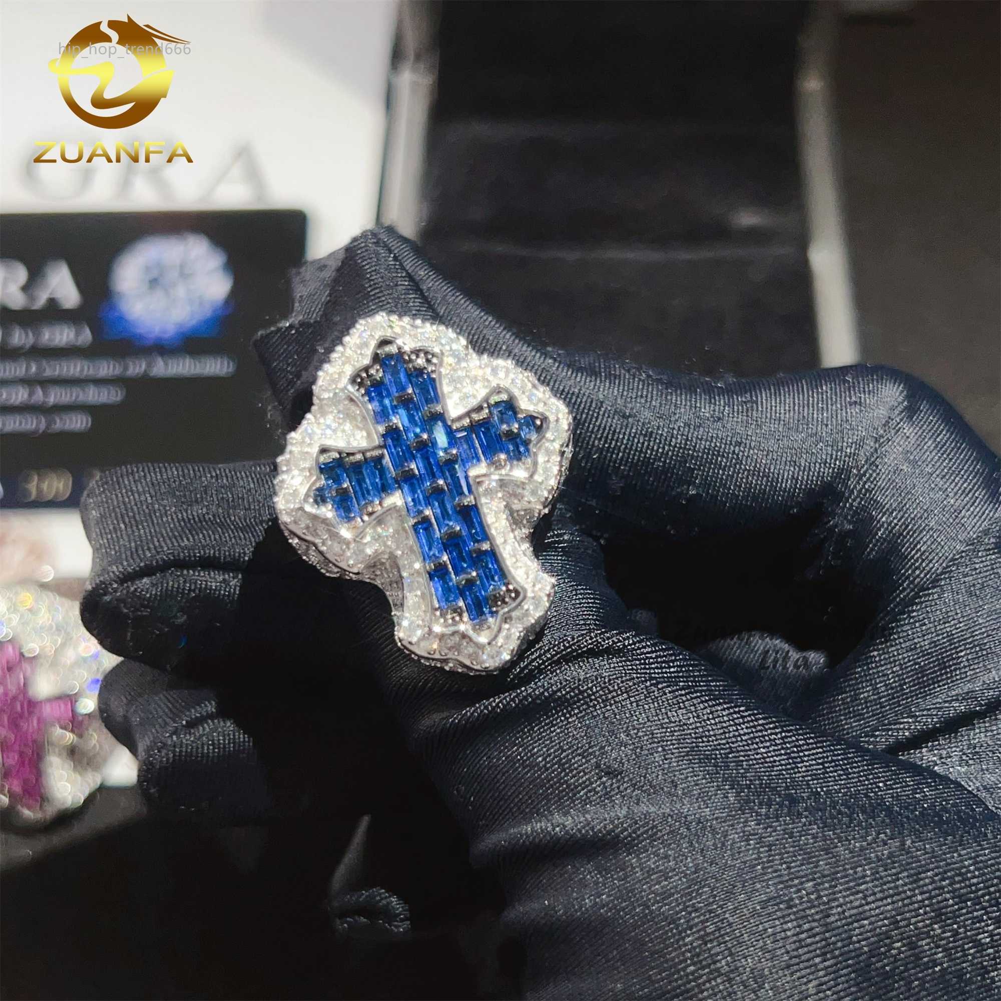 Pass Diamond Tester Men Diamond Rings Blue Cross 925 Sterling Silver Iced Out Moissanite Hip Hop Ring