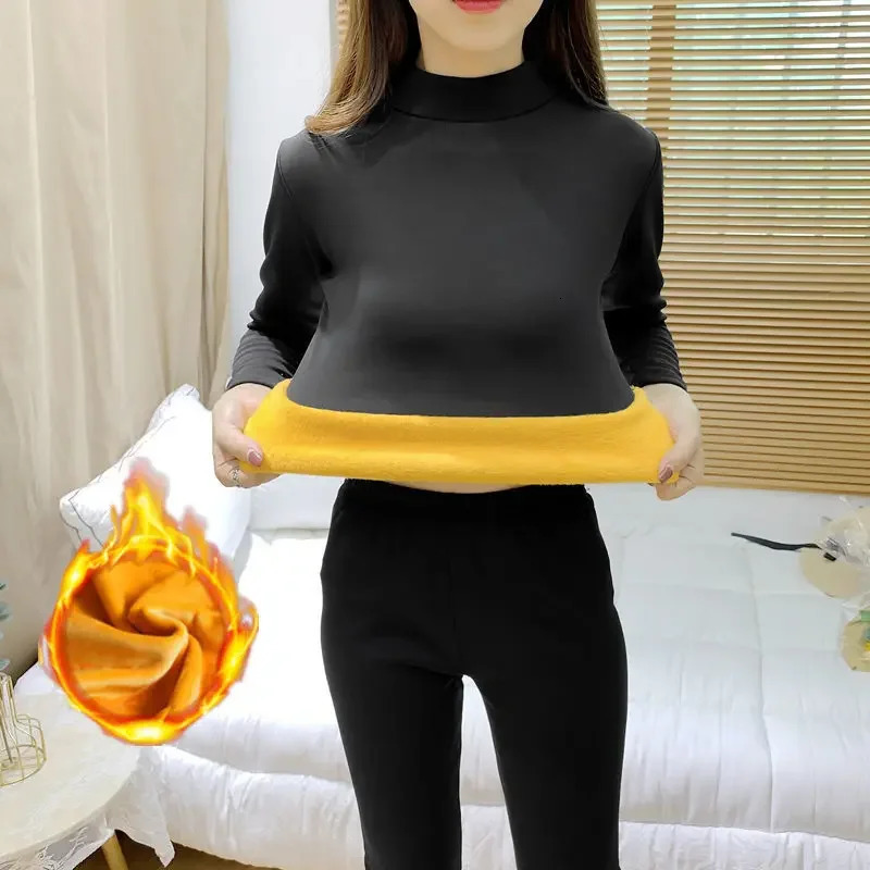 Thermal Underwear Suit Womens High-neck Thickened Plus Velvet Winter Inner Wear Suit Semi-high-neck Bottoming Shirttrousers 241031