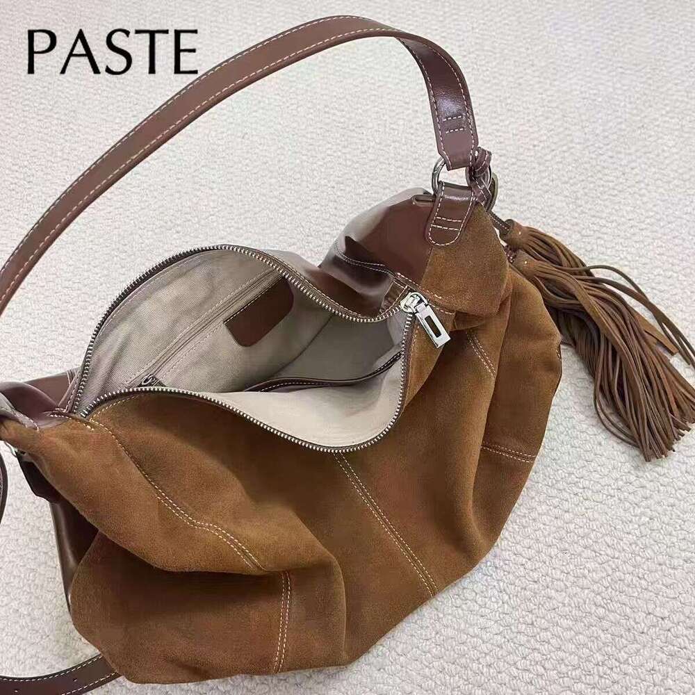 New Vintage Fringe Design Large Winter Tote Oil-Wax Patchwork Suede Leather Women Handbag High-End Underarm Shoulder Bag