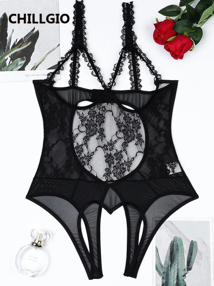 CHILLGIO Women Chic Mesh Tight Jumpsuit Crotchless Sexy Lingerie Combination Romper Lace Hollow Bodysuit Erotic Clothing 241031