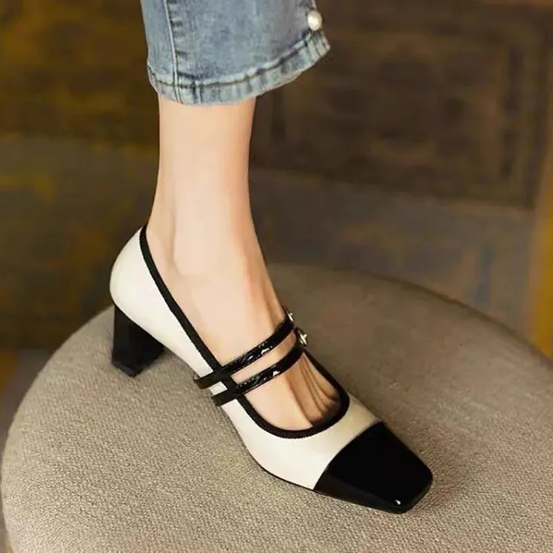 Womens Mixed Color Pumps Double Buckle Mary Janes Shoes Black Toe High Heels Dress Shoes Patchwork zapatillas mujer tacon 241030