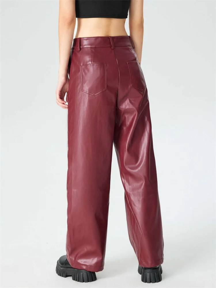 Women High Waist Matte Leather Straight Pants Casual Loose Trousers With Pocket Vintage Burgundy PU Pants Party Cutstom Clubwear 241031