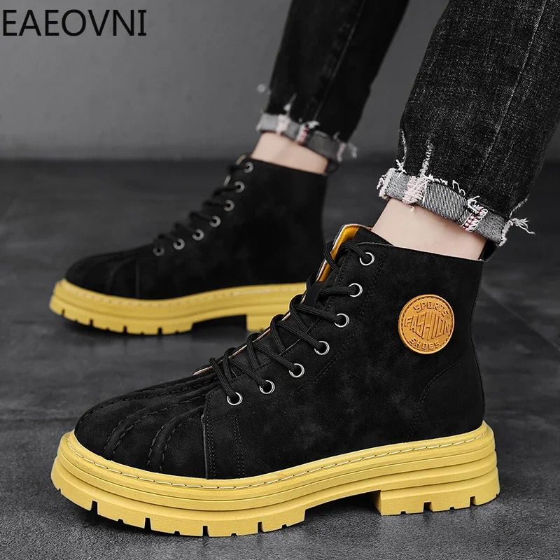 Long boots mens boots lace up anti slip high elastic velvet thick British EAEOVNI explosive winter boots 241031