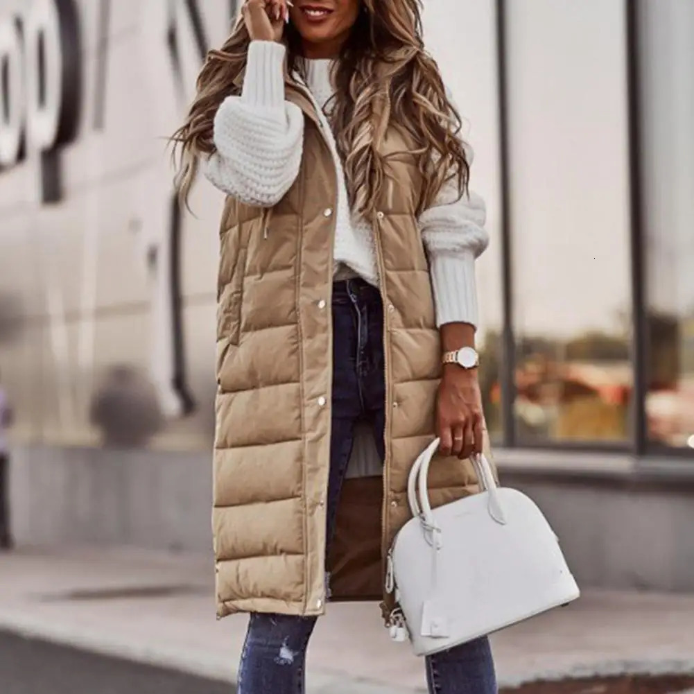 Women Winter Vest Coat Padded Sleeveless Hooded Women Coat Mid Length Slim Fit Zipper Hem Pockets Lady Long Winter Waistcoat 241031