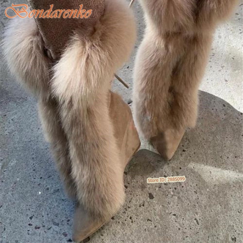 Fur Suede Wedges Pointy Toe Solid Mid Calf Lace Up Straps Boots Women Sexu Shoes Winter Party Designer New Style Fashion