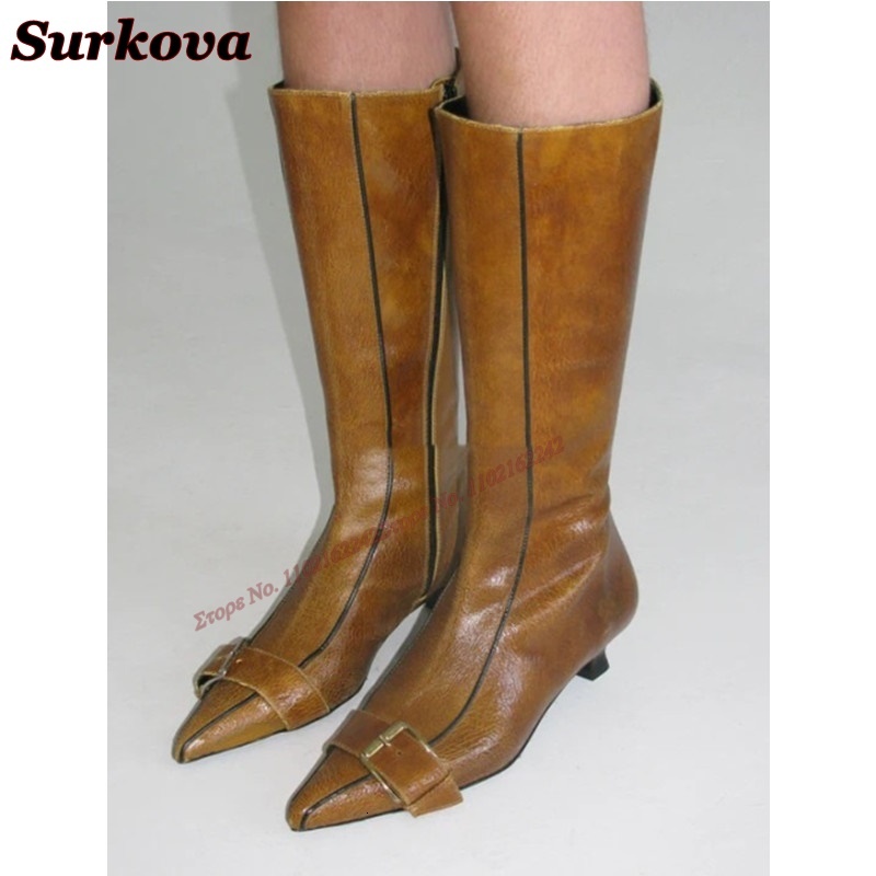 Retro Autumn New Style Belt Buckle Pointed Short Heel Side Zipper Sheepskin Slim Casual Ladies Long Boots