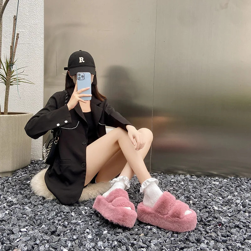 Summer Home Fur Slide Plush Slide Fluffy Flip Slide Platform Female Zapato De Mujer 241031