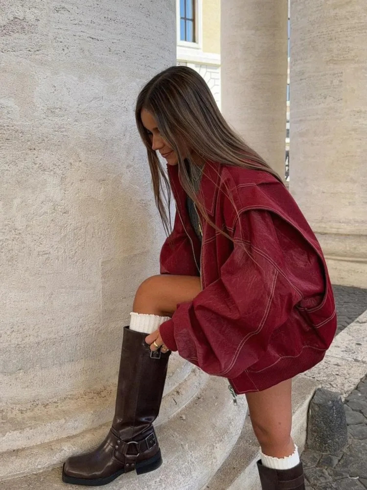Lapel Zipper Vintage Jacket Coat Retro Loose Short Motorcycle Suit Autumn Winter Long Sleeves Leather Wine Red Women Overcoat 241031