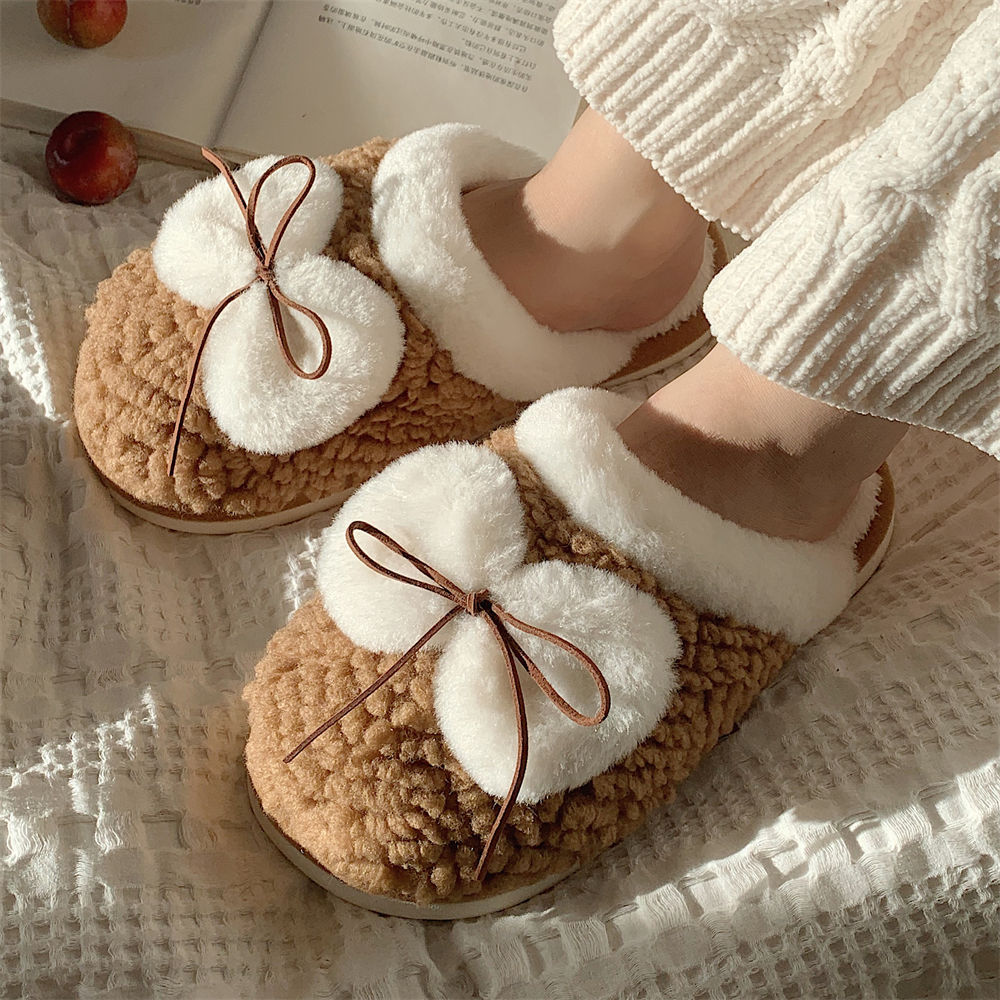 Bow Family Slippers Women Girls Cute fluffy winter warm plush indoor flats Bedroom slide casual women's cotton slippers