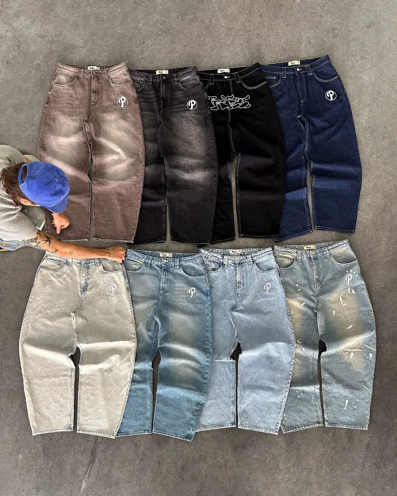 Streetwear protective jeans Y2K mens pants Harajuku hip-hop letter embroidery retro blue pocket jeans high waist wide leg Trouser 241031