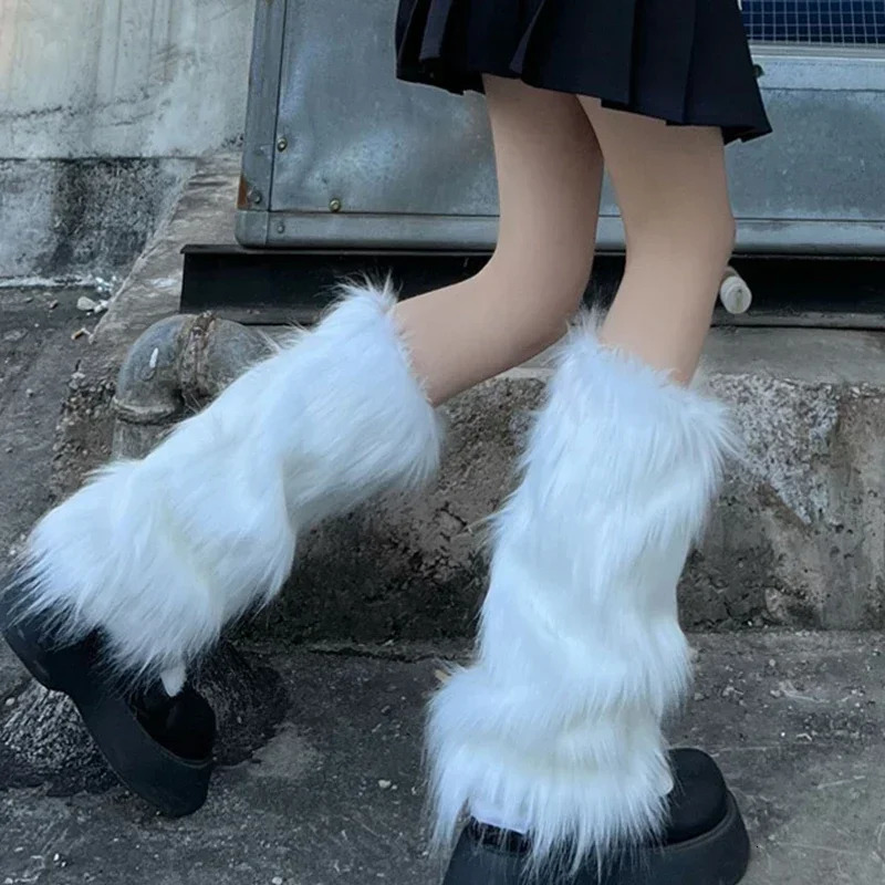 Japanese White Faux Fur Leg Warmers Boot Covers Y2K Goth Solid Leg Socks Punk Jk Knee-length Hiphop Fashion Warm Sock 241031