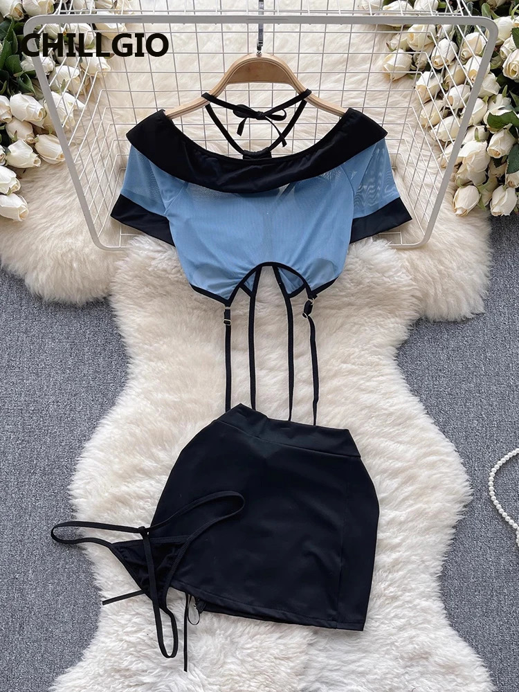 CHILLGIO Women Transparent Sexy Skirt Suits Summer Sleepwear Bodycon Tops Pencil Skirts Underpants Erotic 3 Pieces Pajamas Sets 241031