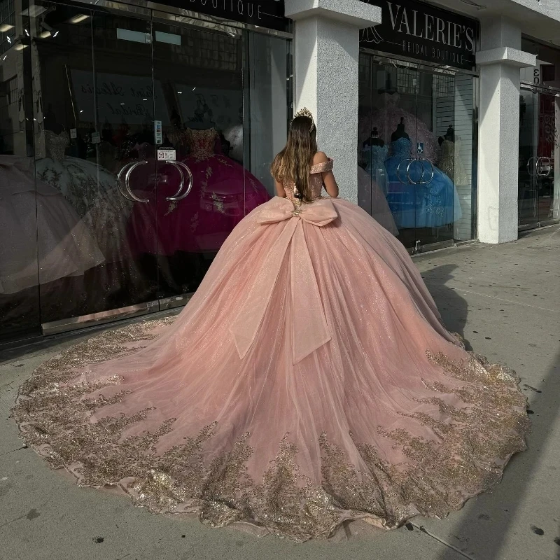 Luxury Pink Shiny Quinceanera Dresses Gold Sequin Lace Appliqued Crystal Tull Off the Shoulder Ball Gown Sweet 16 Vestidos 15 De Anos