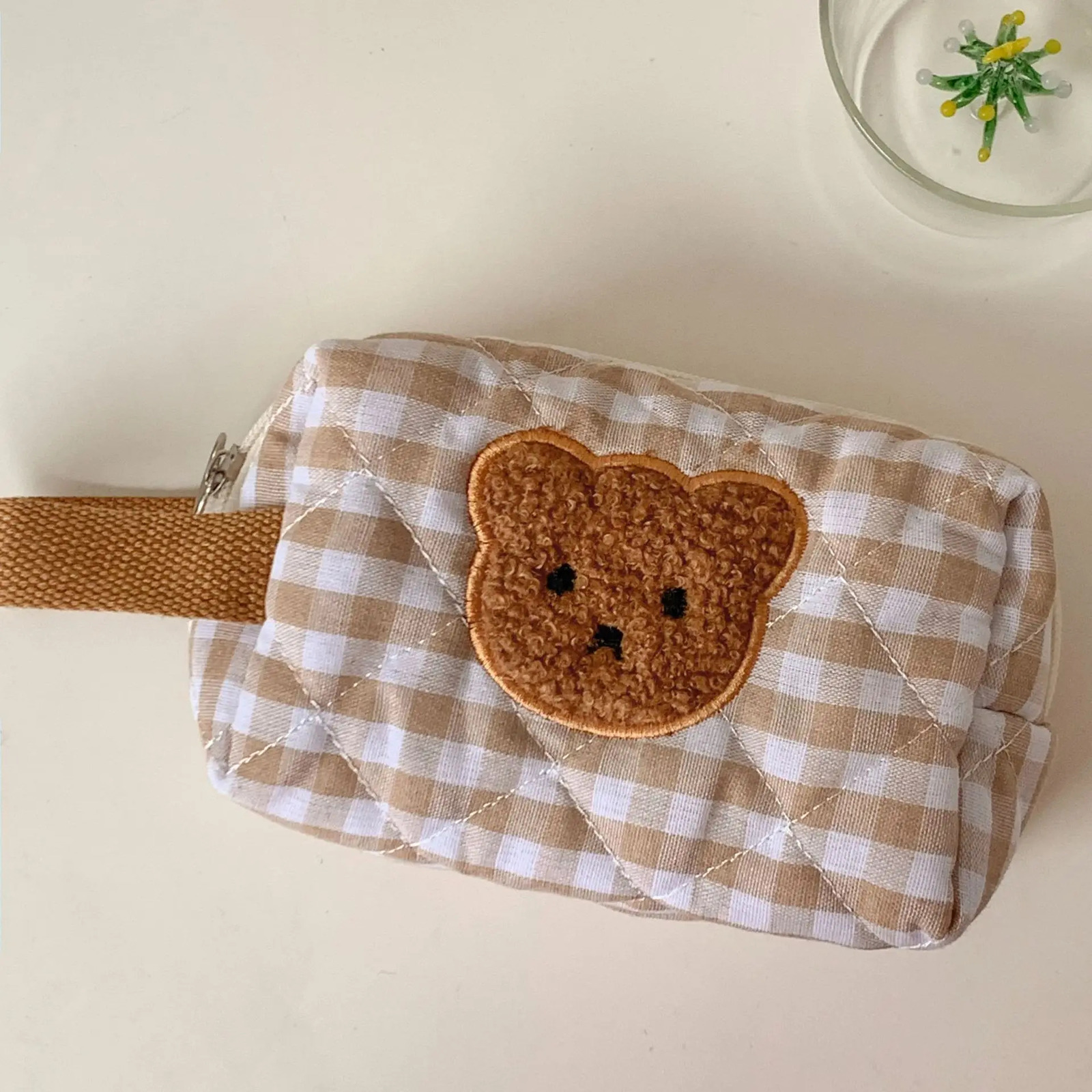 Cute cartoon bear womens storage bag simple plain weave womens clutch wallet handbag soft fabric womens makeup bag makeup box 241031