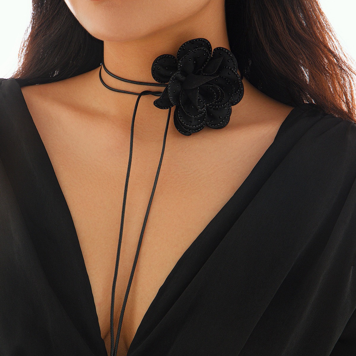 New Cross-border Jewelry From Europe and America Black Rose Skin Wax Thread Necklace Pull-out Fabric Earrings
