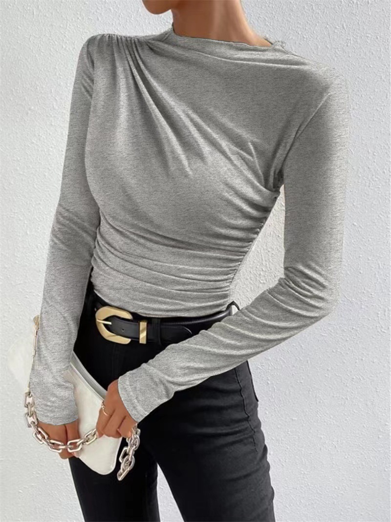 Designer 2024 autumn/winter solid color temperament slim fit versatile pleated design sense long sleeved top T-shirt for women