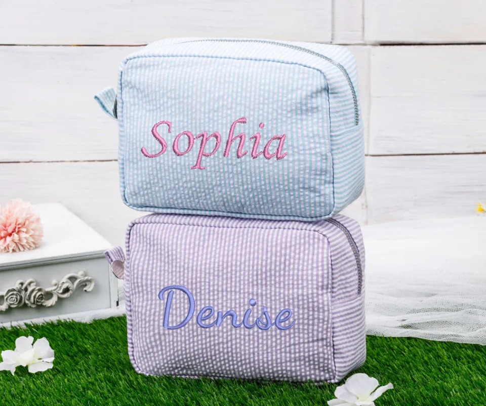 Personalized Seersucker makeup bag monochrome toilet bag embroidered makeup bag bridal makeup bag bridal gift 241031