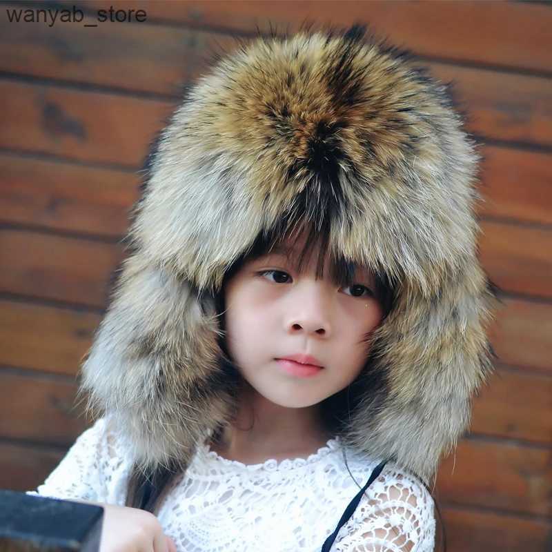 Stingy Brim Hats Russia Kids Hat Children Girls Warm Winter Fur Real Fur Zorro Baby Hat Solid Color Caps Kids Warm Ears Children Kids Hat L240910
