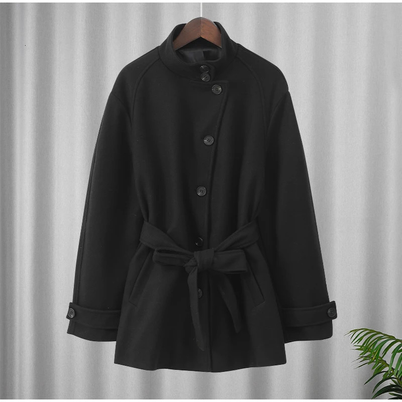 Fashionable high neck woolen coat for womens casual long sleeved single chest slim fit warm coat for autumn street womens coat 241030